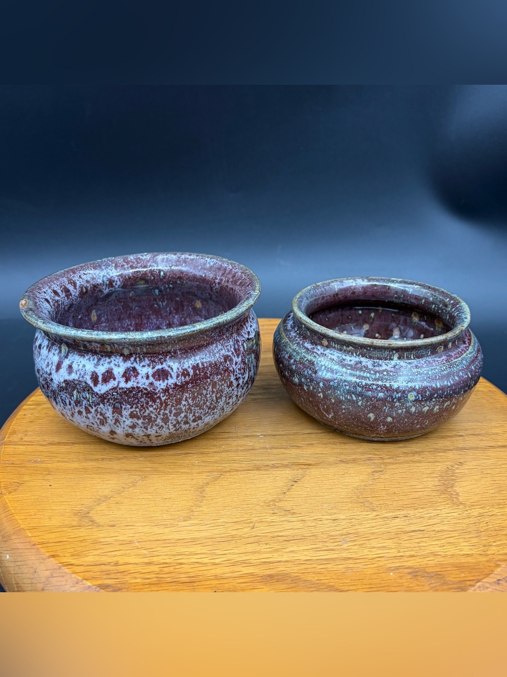 Vintage 70s Small Handmade Ceramic Pottery Purple Drip Glaze Planters Set Of 2